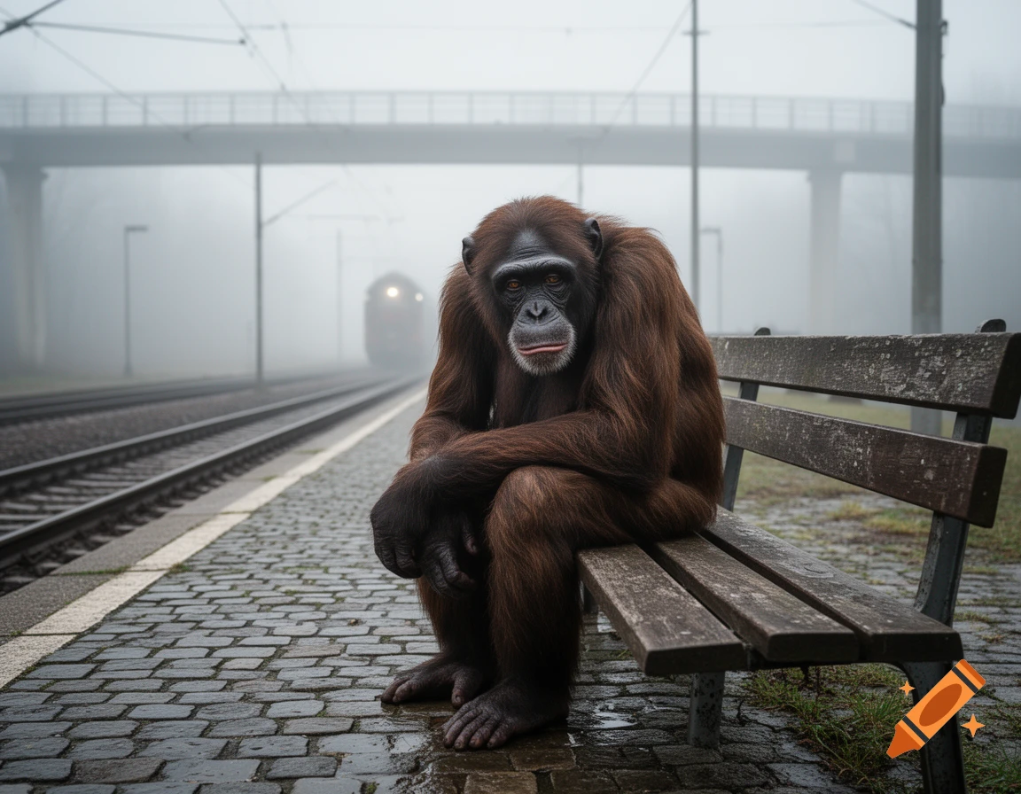 A sad-looking chimpanzee sits on a wooden bench at a foggy train station platform, with a train receding in the distance.