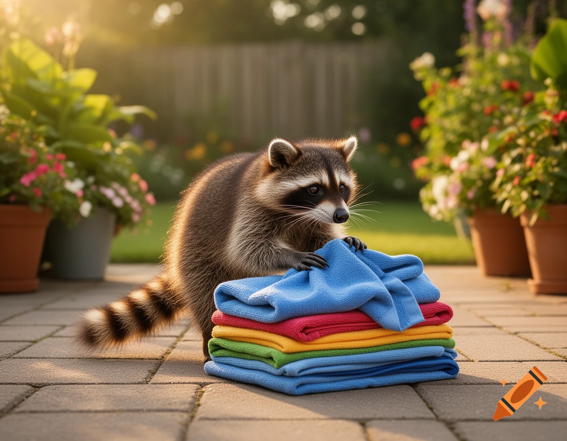 A photorealistic raccoon with a striped tail stands on a patio, its paws on a stack of neatly folded colorful laundry in a sunny garden.