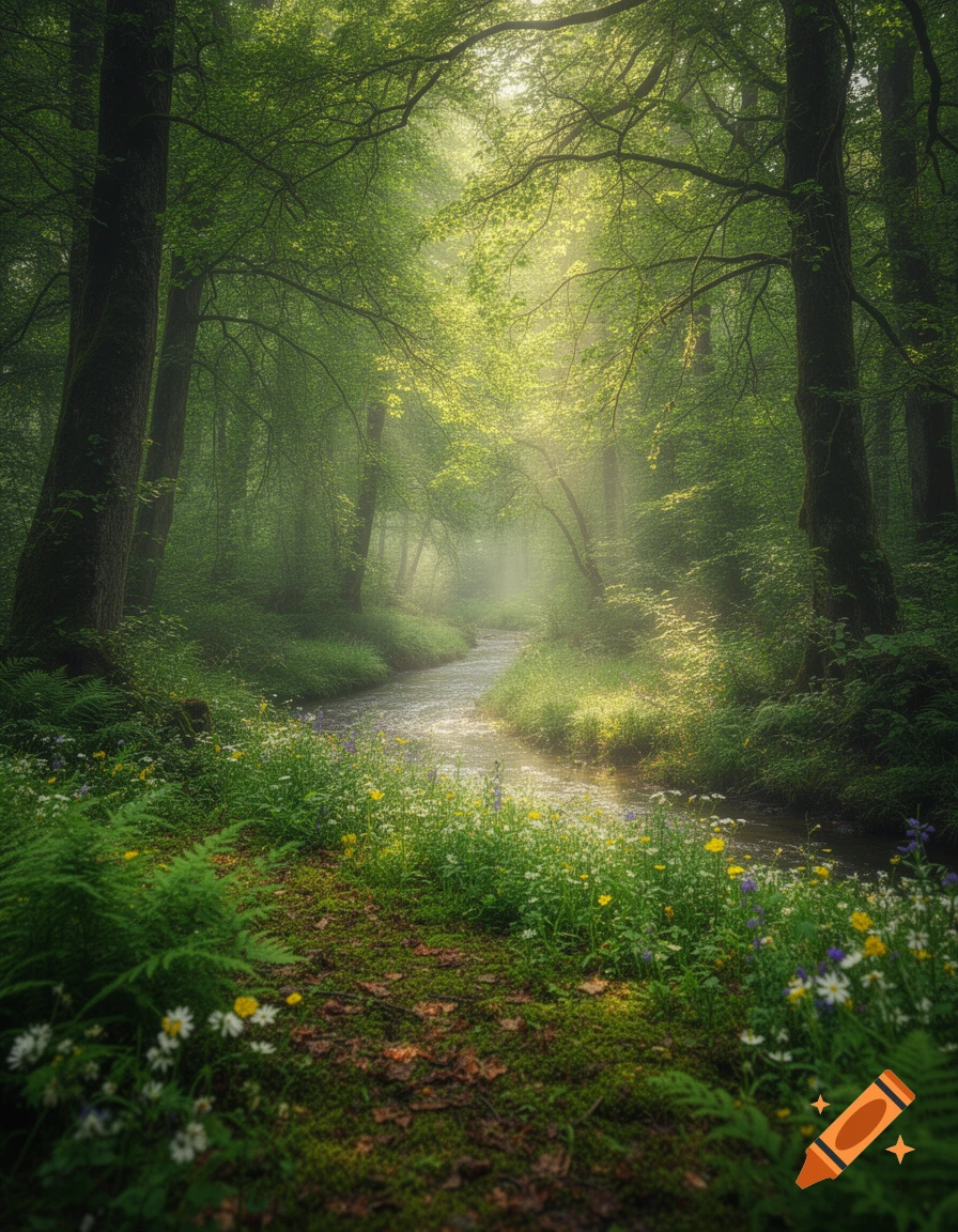 A sunlit forest path with a winding stream, dense green foliage, and wildflowers.