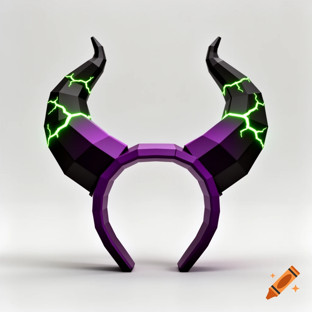 A low-poly dark purple and black horn headpiece with neon green glowing cracks, rendered as a game asset on a plain background.