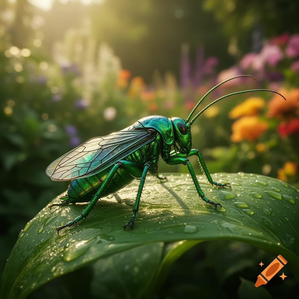 A metallic green insect with transparent wings stands on a dew-covered leaf in a sunny garden, macro shot.