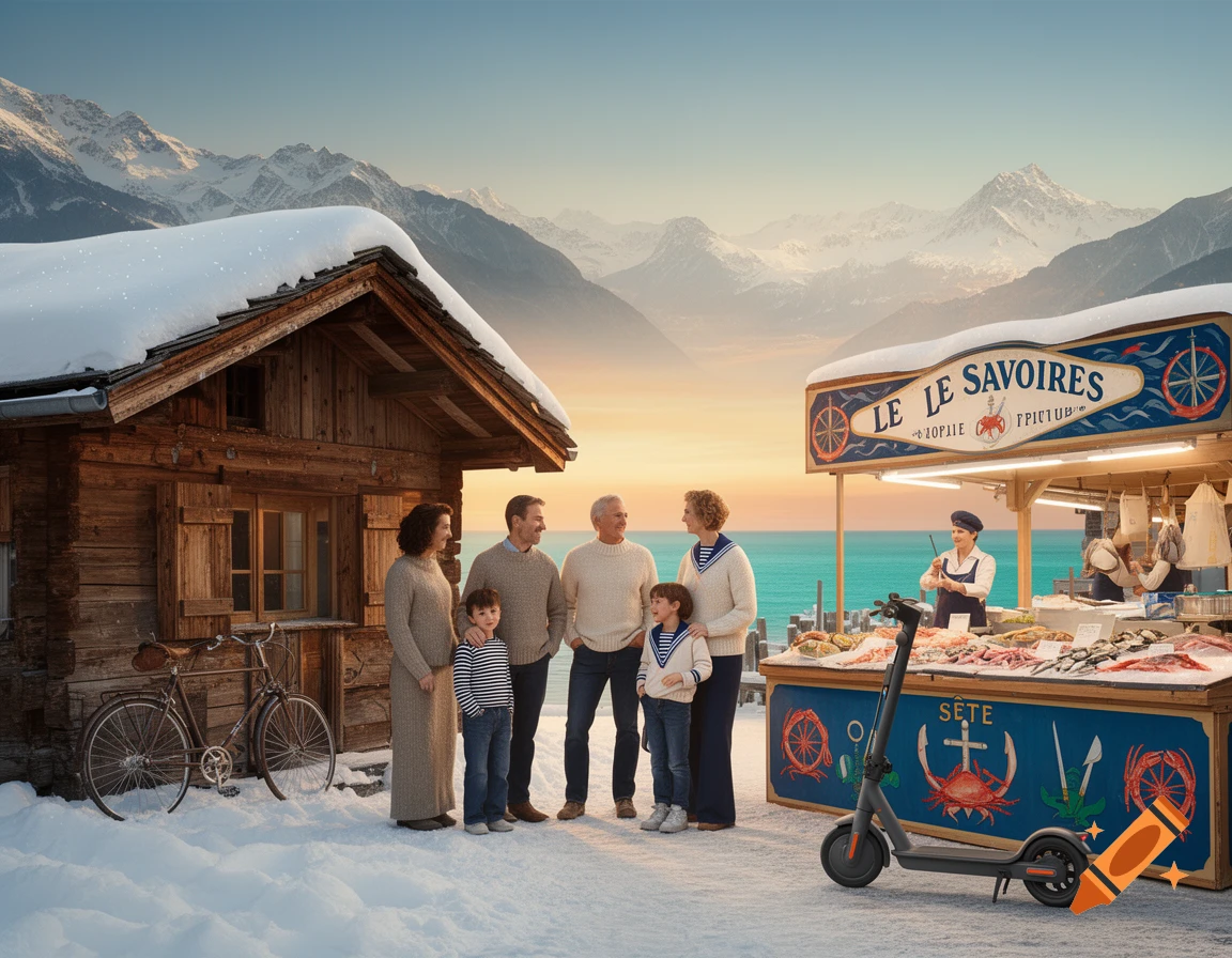 A family and vendors stand by a seafood stall in a snowy landscape with mountains and an ocean backdrop, featuring a cabin, a bicycle, and an electric scooter.