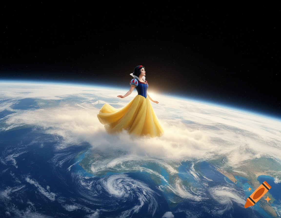 Snow White in her classic dress stands on clouds above the Earth, looking up at the stars in a photorealistic style.