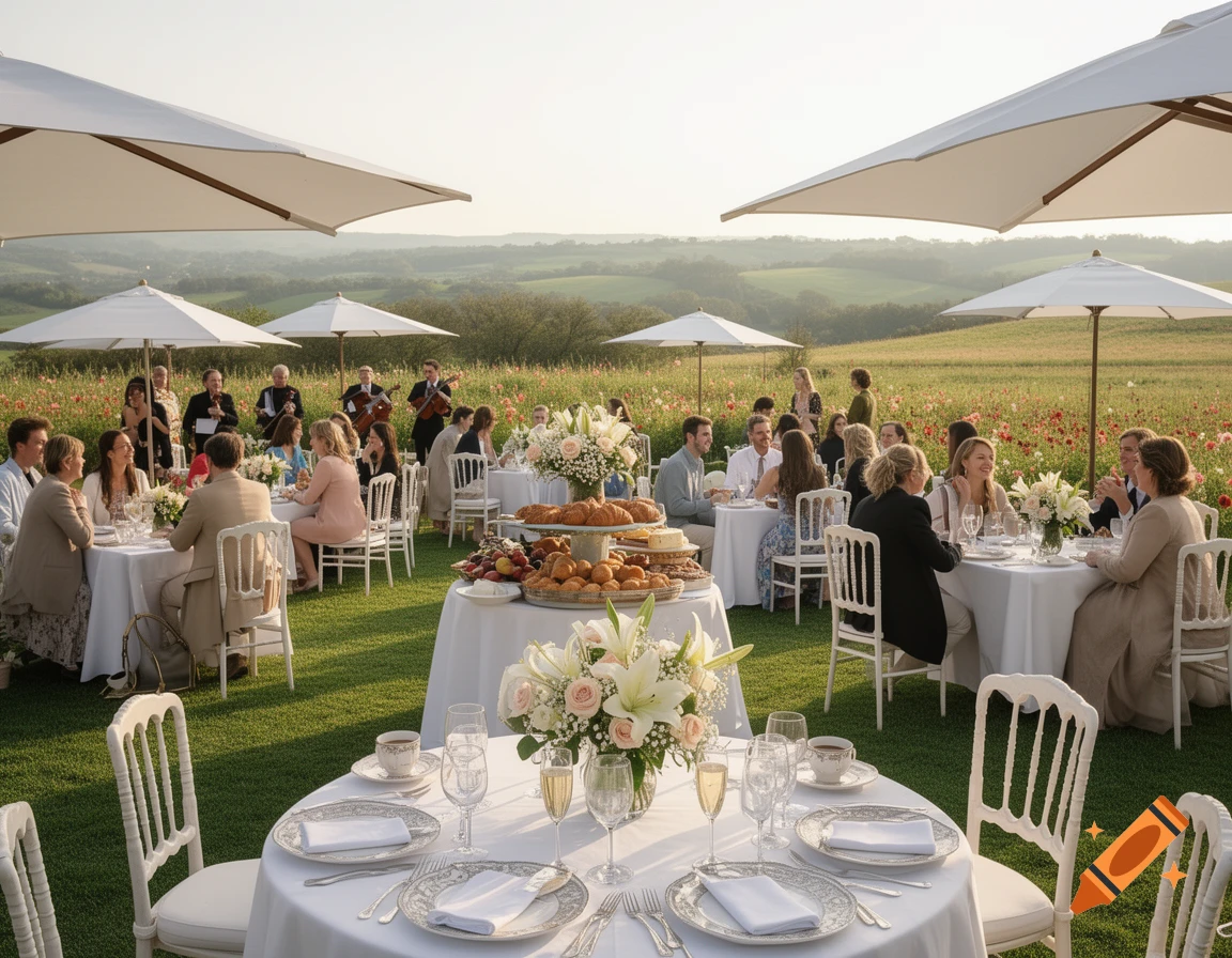 Chic outdoor brunch with guests dining at white tables under umbrellas in a green field with a band playing.