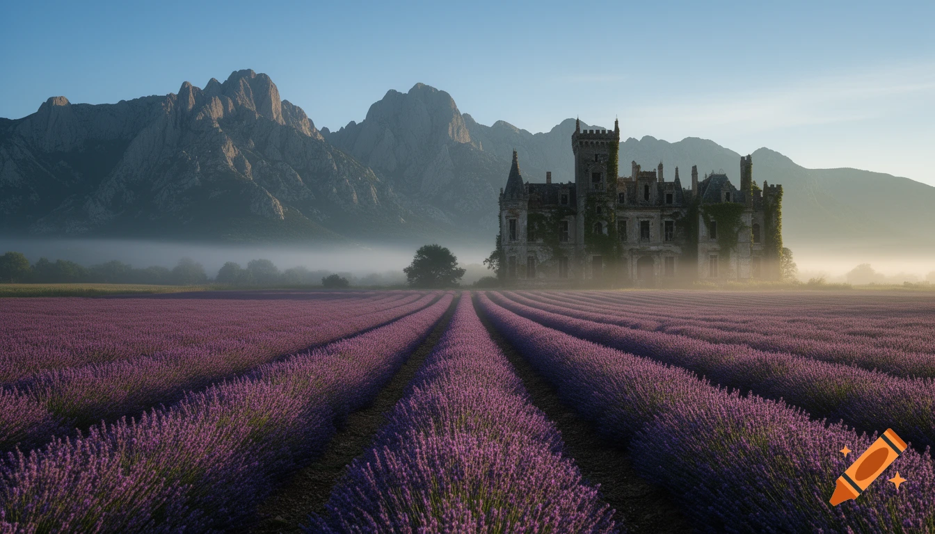 A vast purple lavender field stretching towards a misty, eerie abandoned castle with towering mountains in the background.