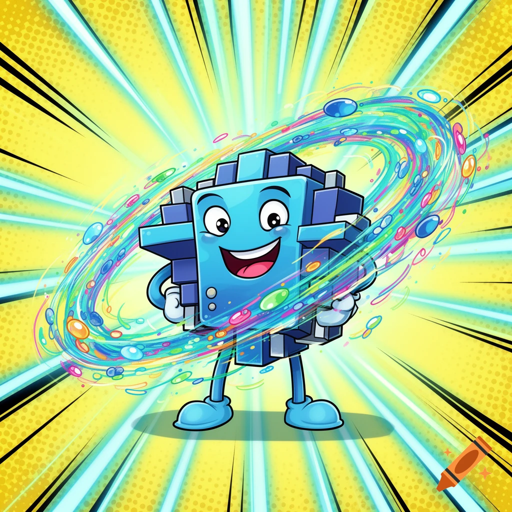 Happy blue blocky cartoon character with arms and legs, surrounded by colorful swirling elements on a radiating yellow background.