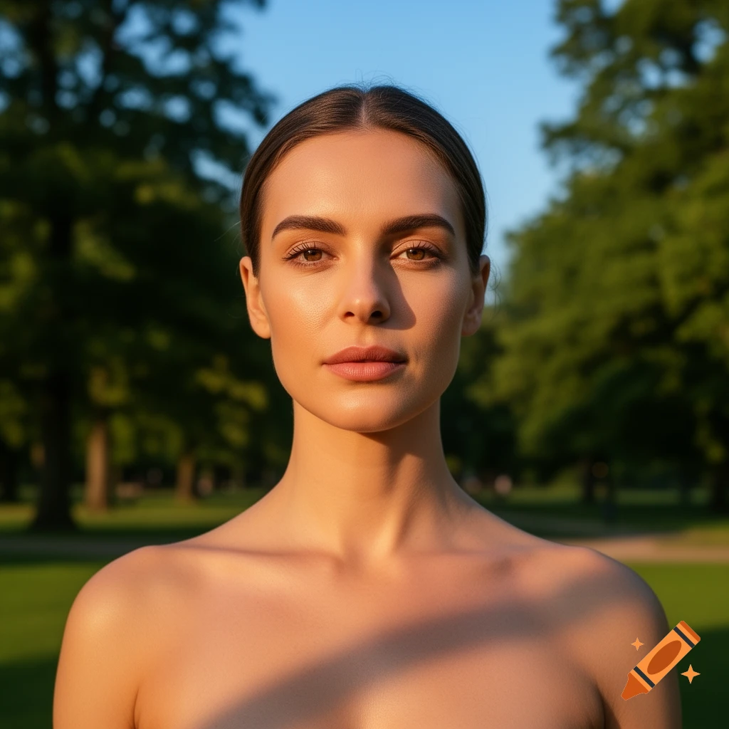 Photorealistic portrait of a woman with her bare shoulders, standing outdoors with trees and a blue sky.
