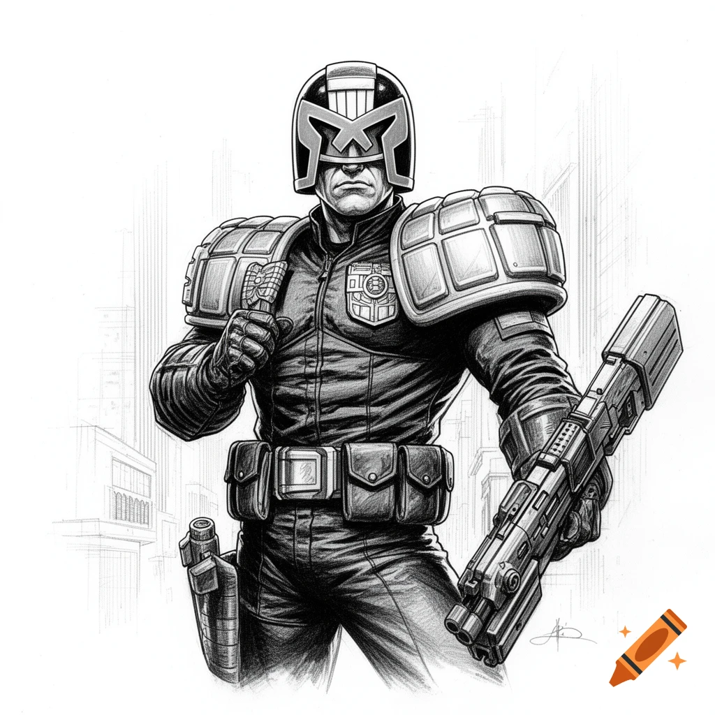 Judge Dredd in black uniform and helmet, holding a gun and badge, in a black and white pencil drawing style.