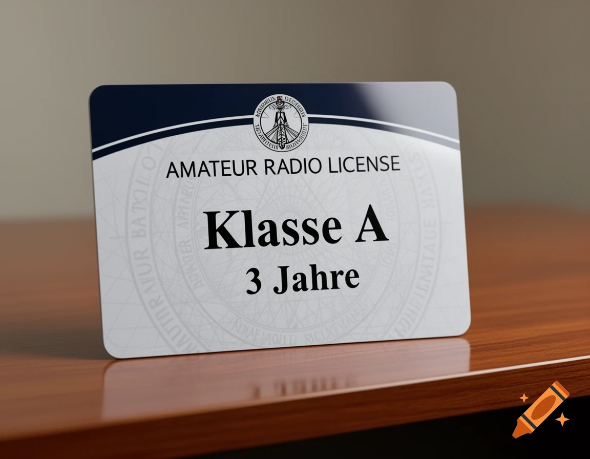 A close-up shot of a white and blue amateur radio license card, reading 'AMATEUR RADIO LICENSE Klasse A 3 Jahre', sitting on a wooden desk.