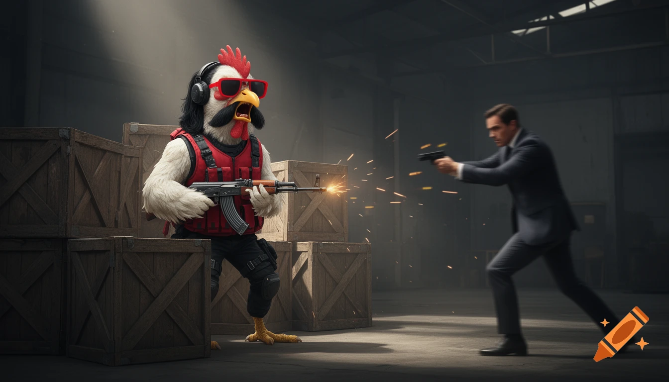 A chicken-headed character in sunglasses and tactical gear fires an AK47 behind crates, as a man in a suit shoots a pistol at him in a warehouse.