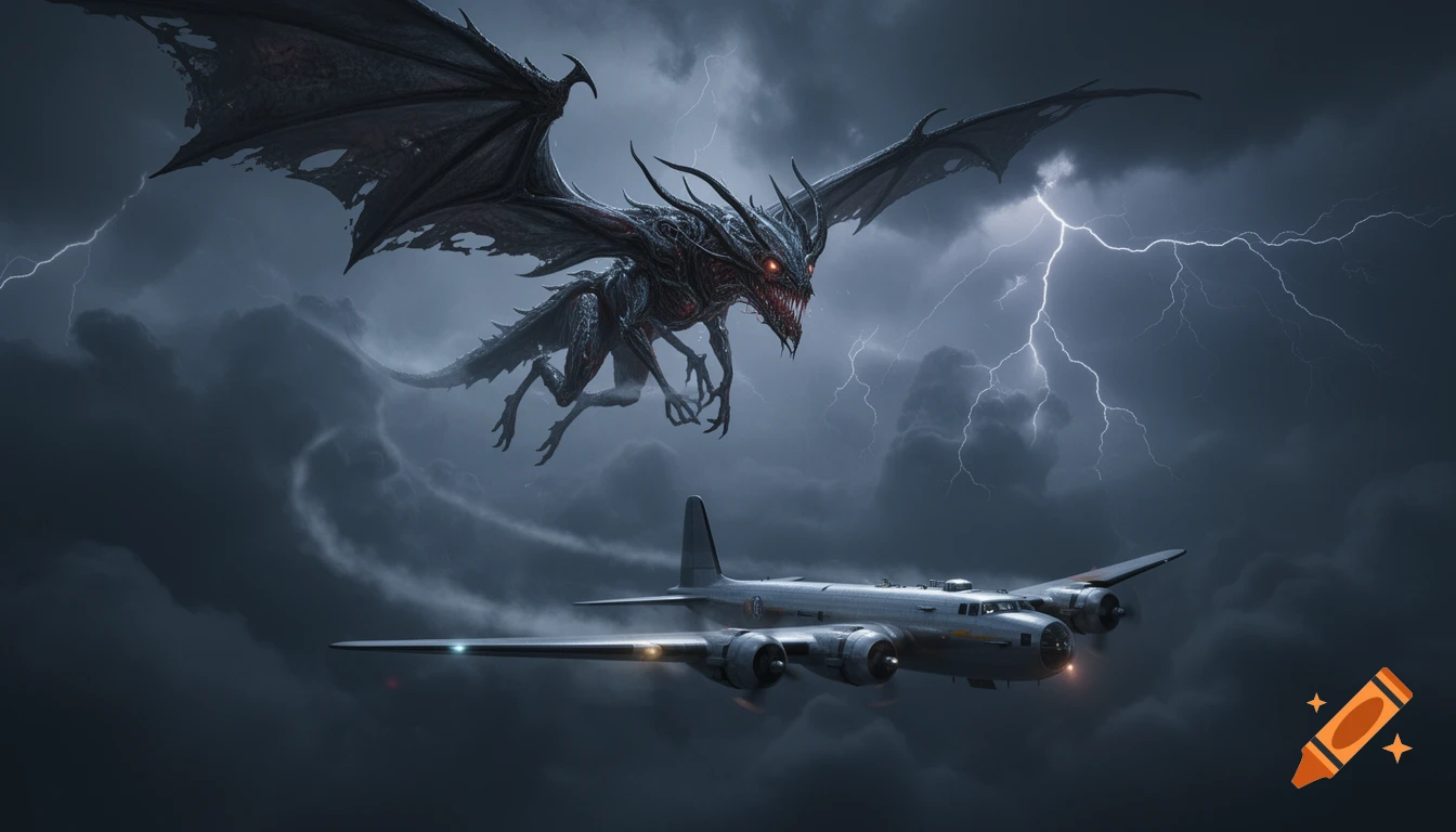A dark, monstrous Byakhee creature with red eyes and large wings chases a B-29 bomber through a stormy, lightning-filled sky.