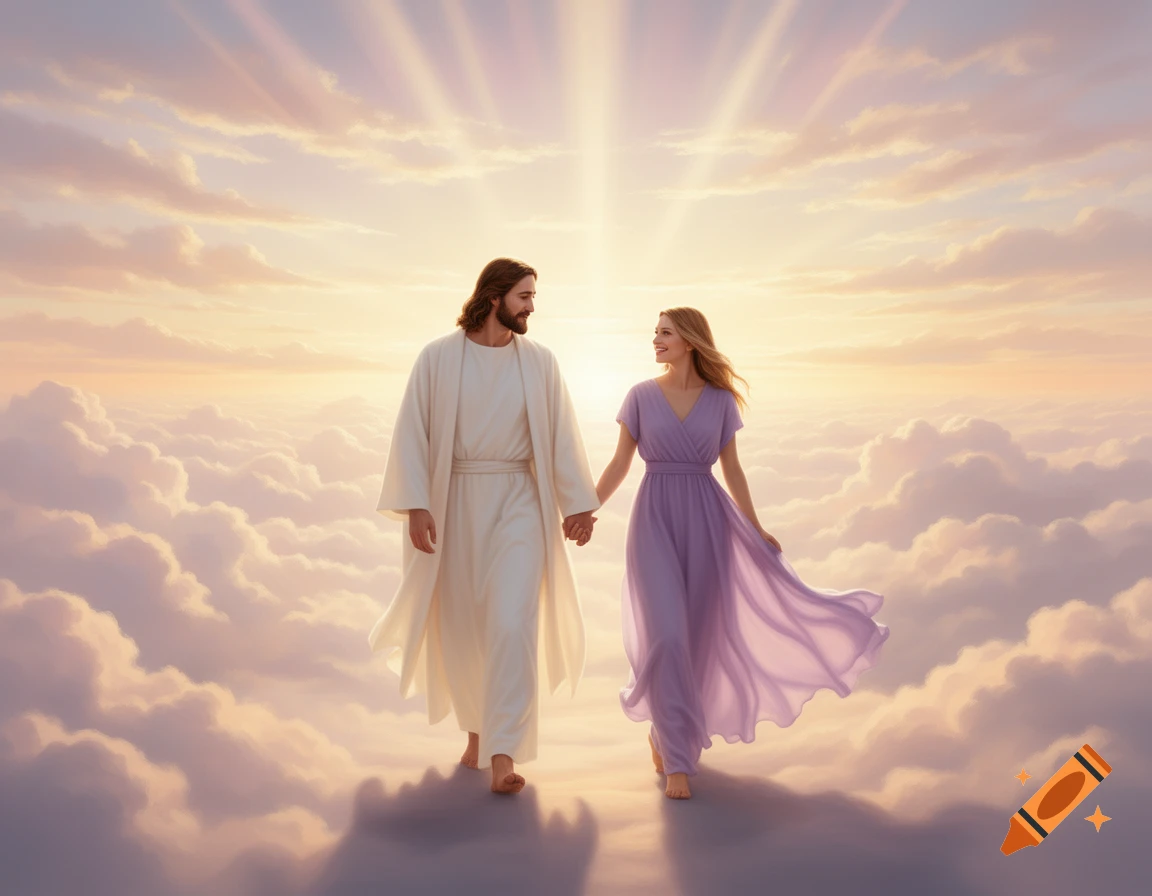 Jesus and a woman walk hand-in-hand on soft clouds under radiant sunbeams, looking at each other in a serene, spiritual scene.
