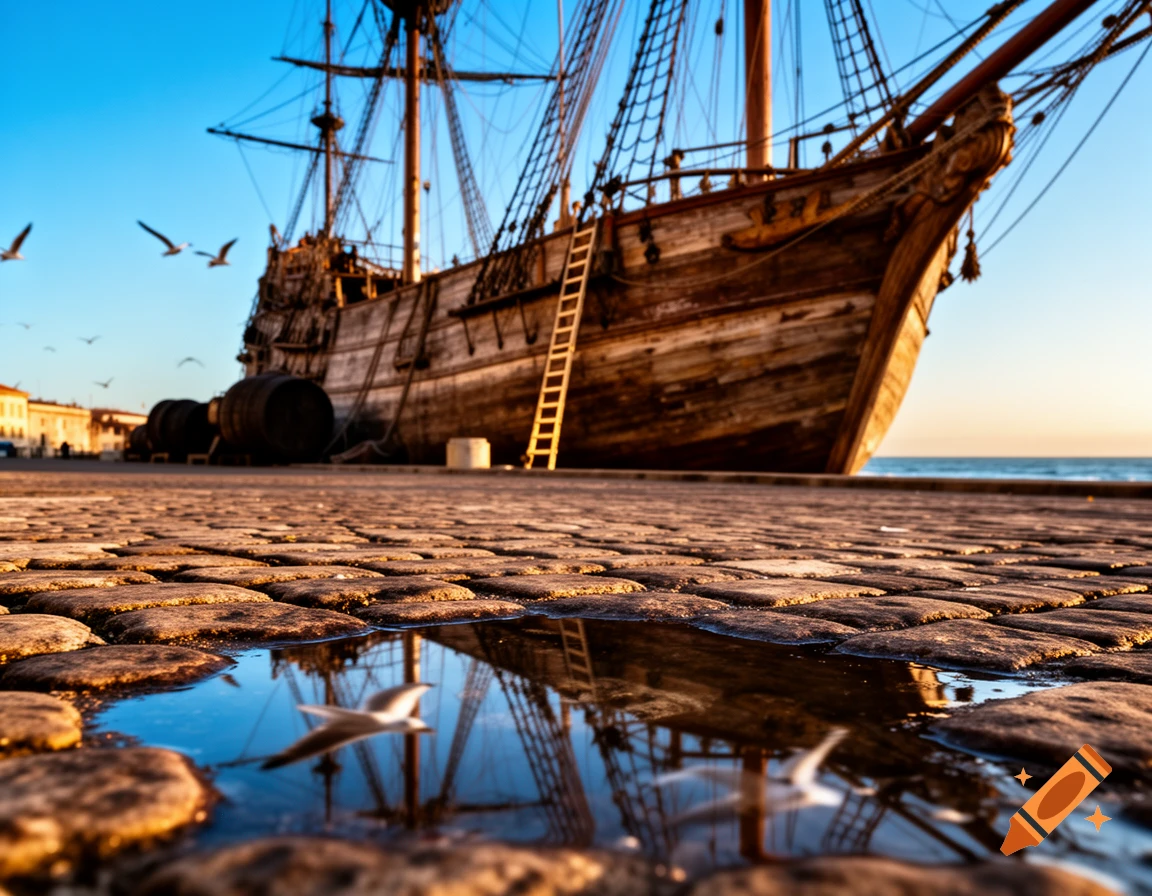Photorealistic image of a large wooden galleon docked at a stone quayside, with reflections in puddles and seagulls flying.