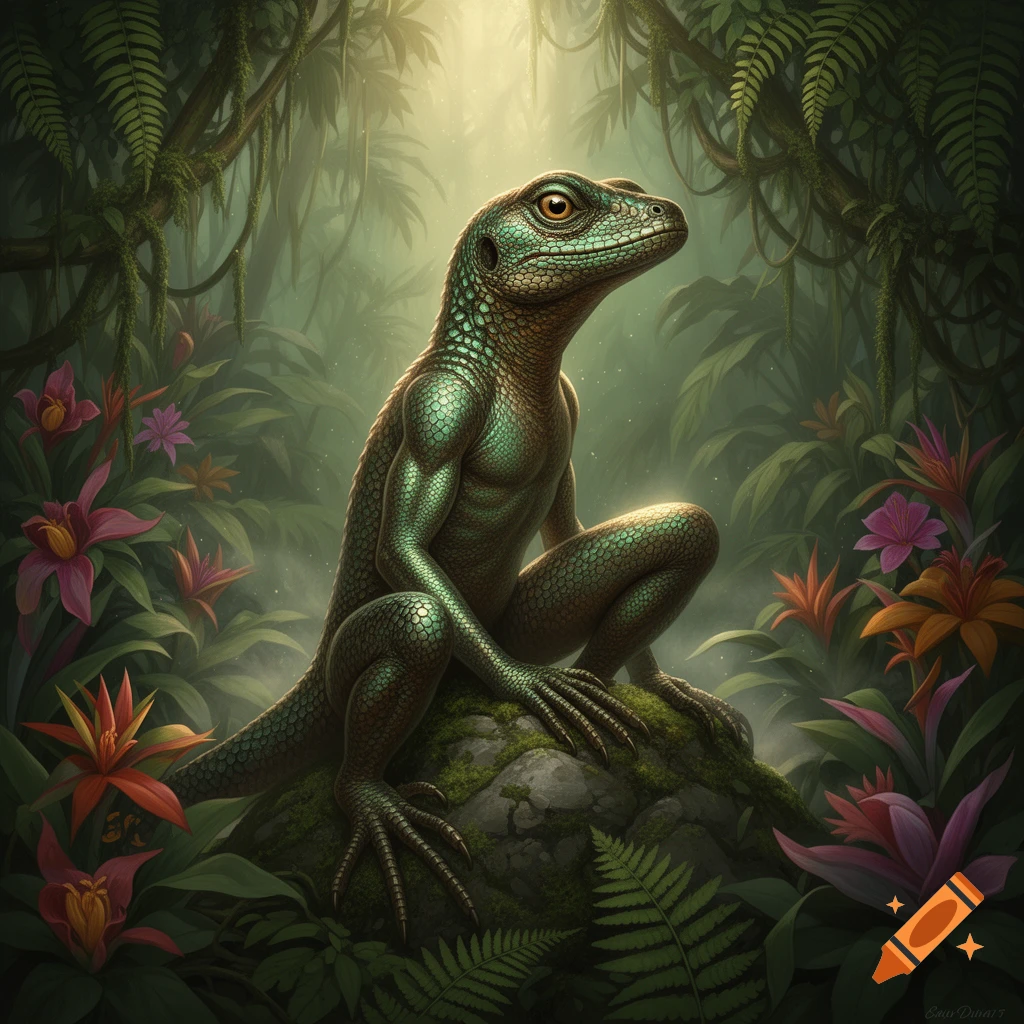 A muscular green lizard-human hybrid crouches on a mossy rock in a lush, luminous jungle with vibrant flowers.