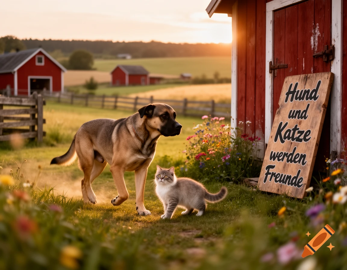 A dog and cat stand in a grassy field with a red barn at sunset. A sign reads 'Hund und Katze werden Freunde'. Photorealistic.