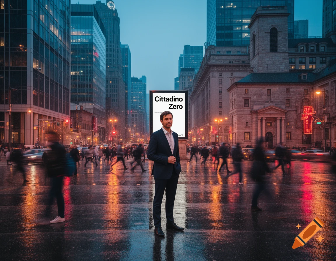 A photorealistic image of a man in a suit standing on a wet city street at dusk, with "Cittadino Zero" on a billboard behind him. Blurred people and cars move around him.