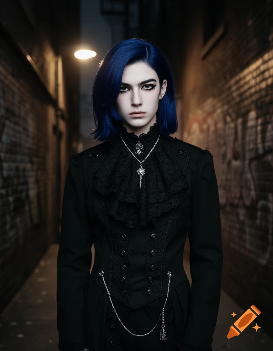 A serious person with short blue hair, dark eye makeup, and black gothic clothing stands in a dark alleyway.