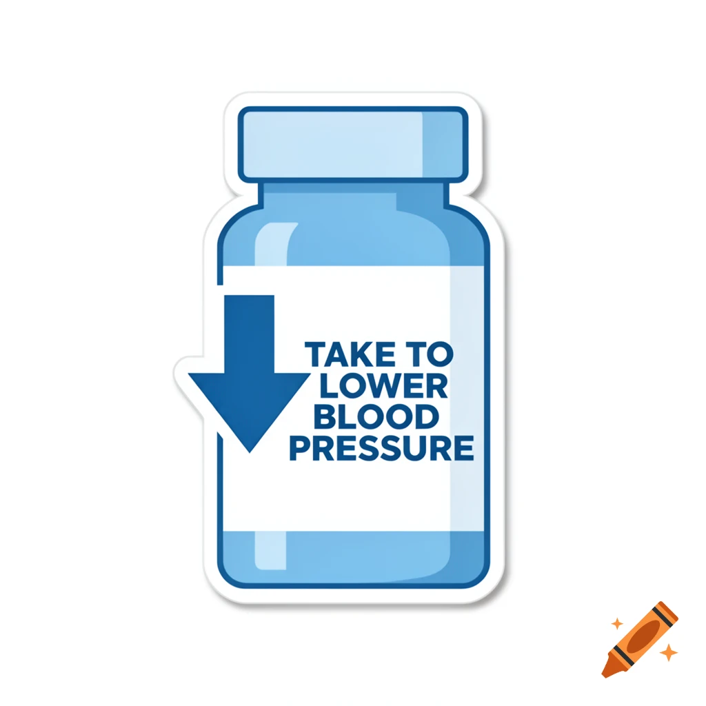 A sticker of a light blue pill bottle with a white label, a dark blue down arrow, and "TAKE TO LOWER BLOOD PRESSURE" text.
