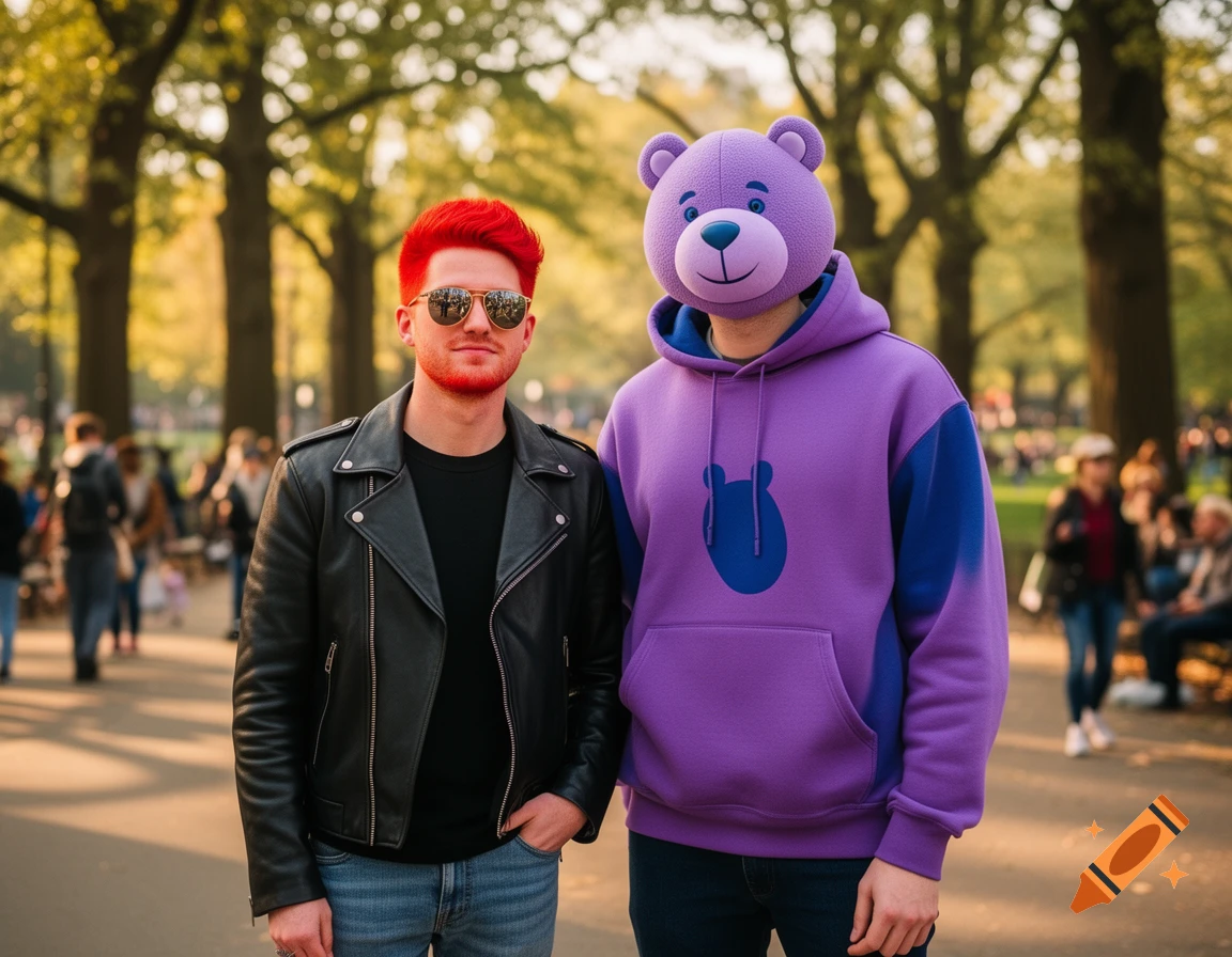 Two friends stand in a park. One has bright red hair, sunglasses, a black leather jacket, and jeans. The other wears a purple hoodie with a blue bear logo and a lavender bear mask.