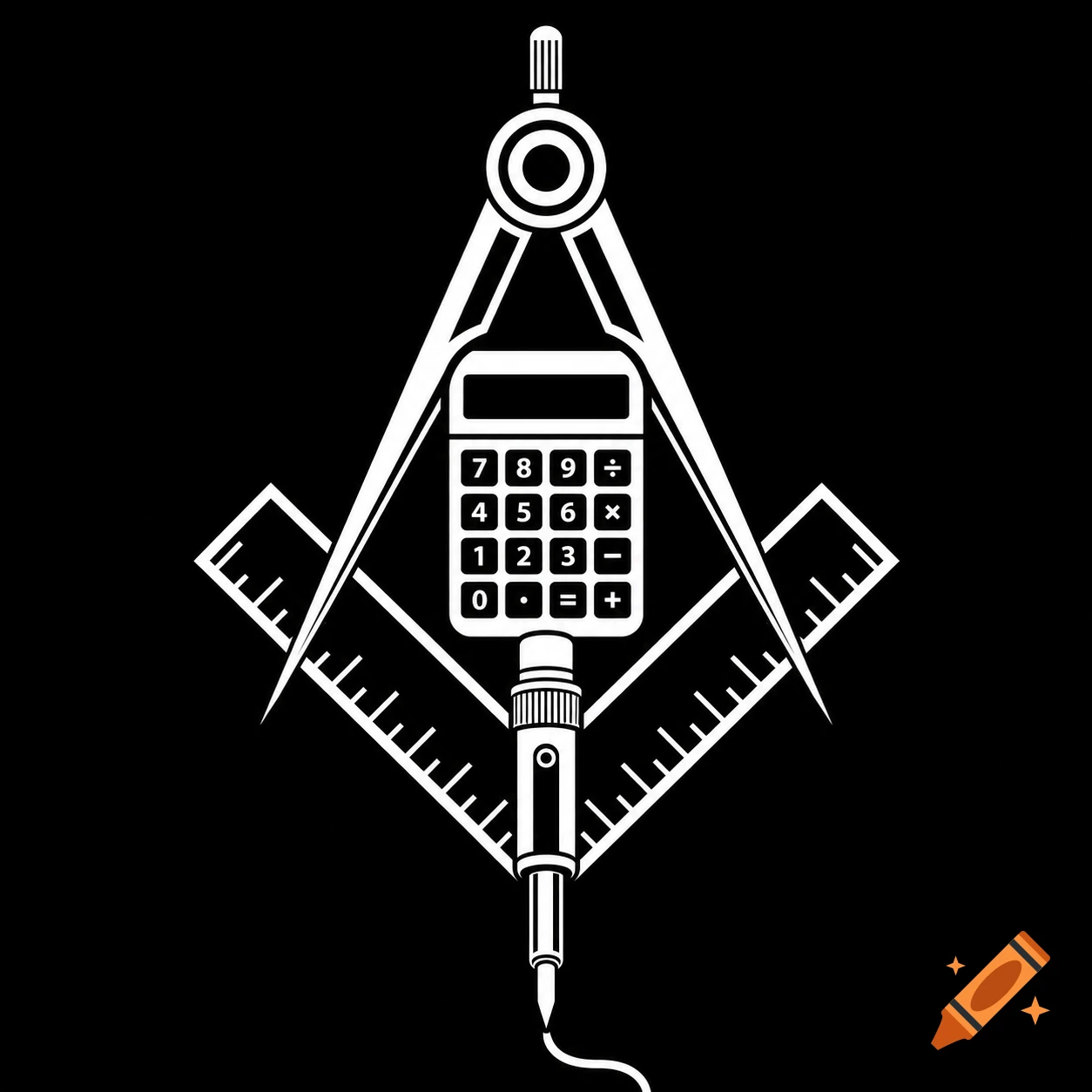 White outline illustration combining a calculator, compass, and soldering iron into a symbolic design on a black background.