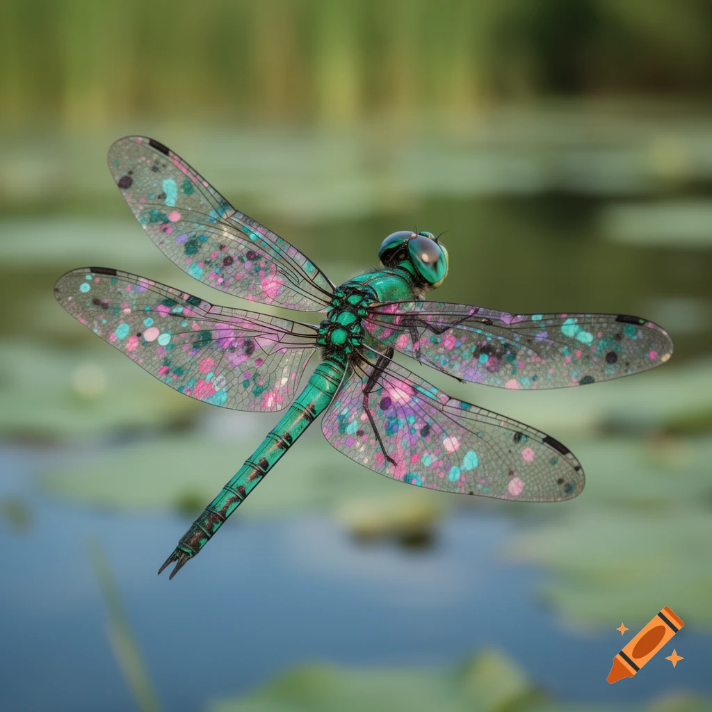 A vibrant teal and green dragonfly with wings splattered in pink, purple, and blue, hovers over water with blurred lily pads.