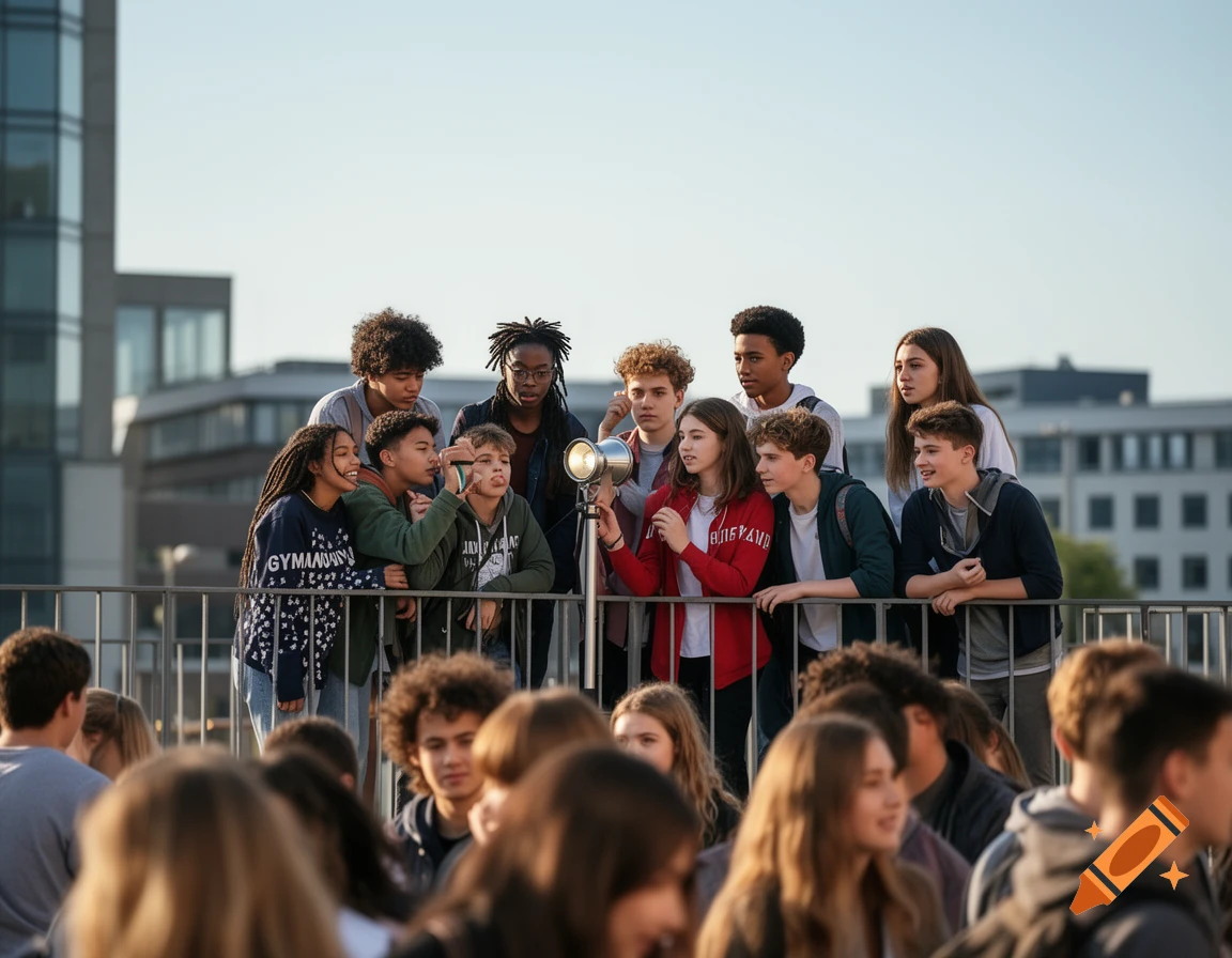 A diverse group of teenagers on a bridge, some holding a light, looking at a crowd below. Photorealistic style.