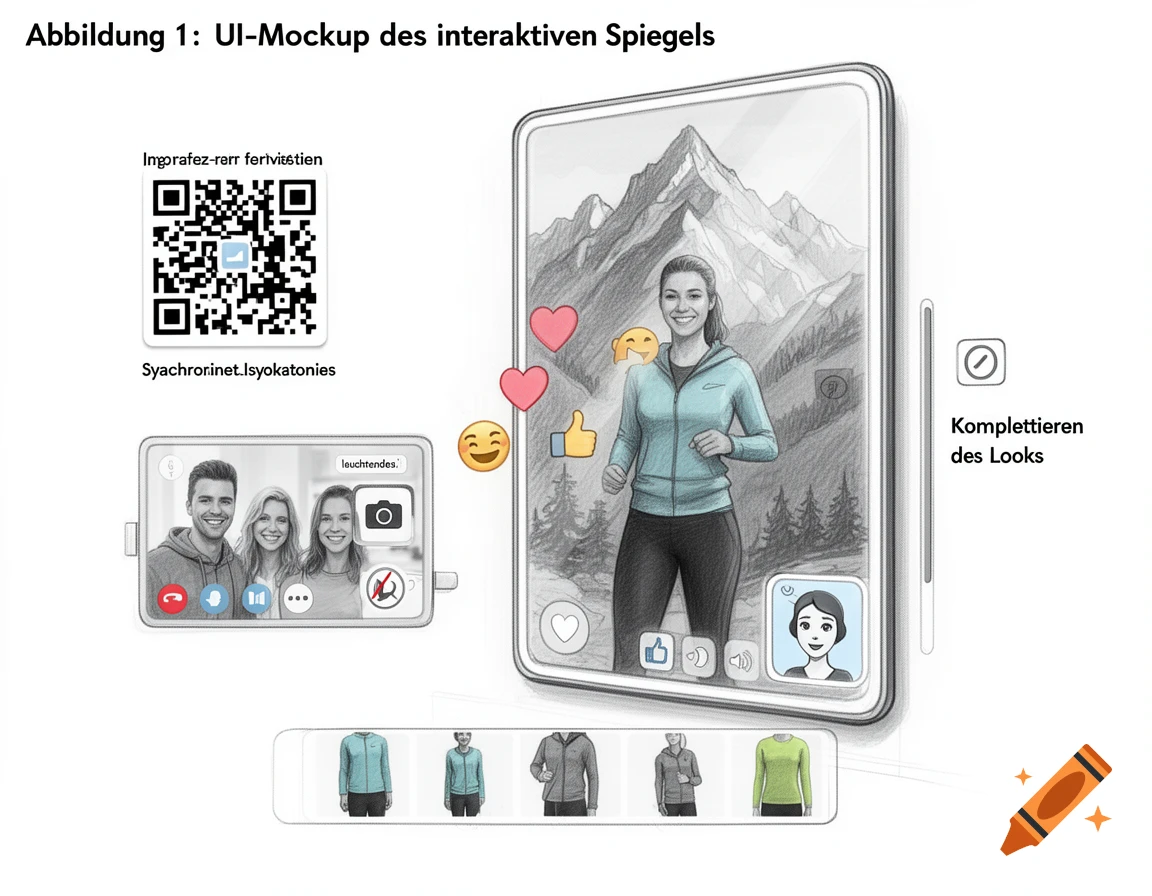 Sketchy UI mockup of an interactive mirror with a woman exercising, a QR code, video call window, and clothing options.