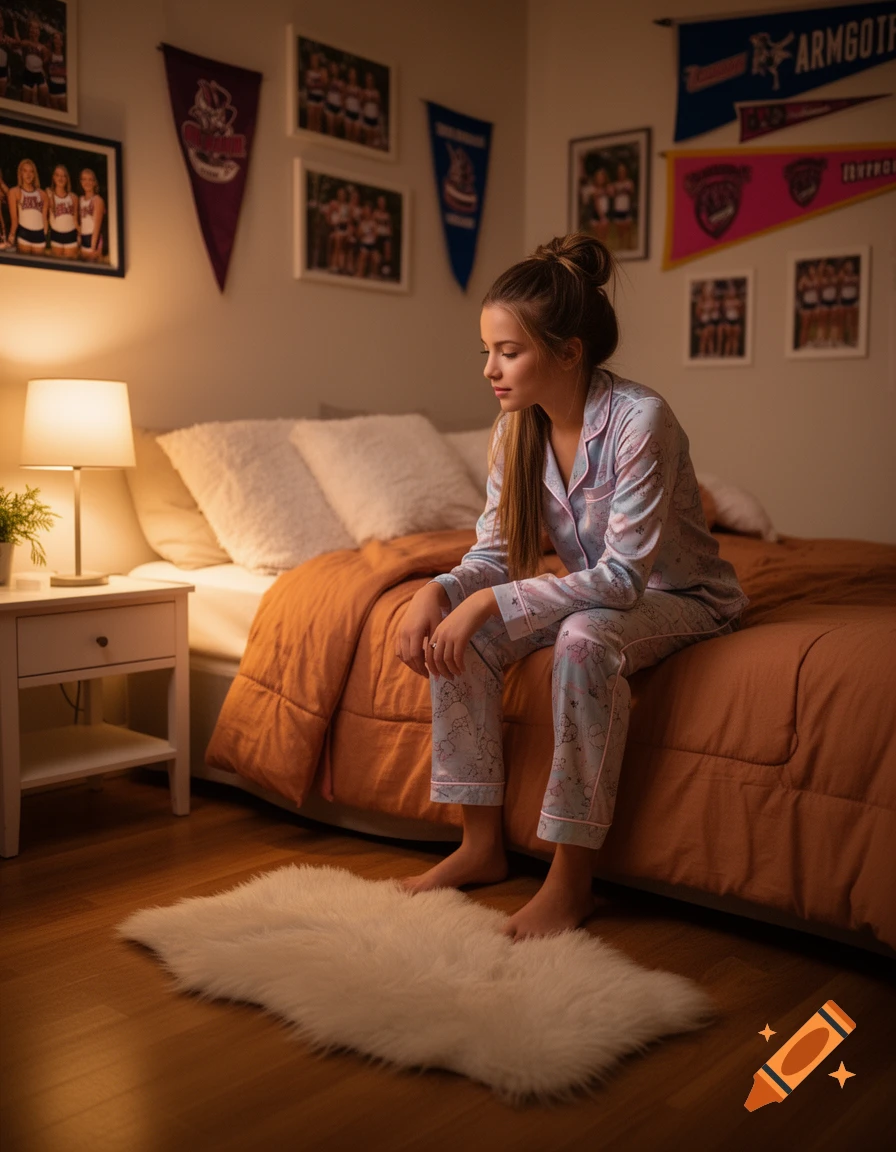 A young woman with her hair in a bun sits on the edge of a bed in pajamas, looking down. A lamp and decorated wall are in the background.