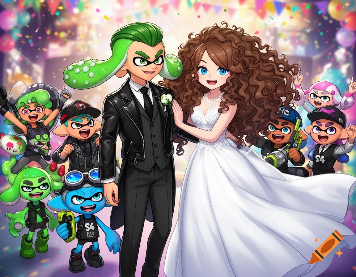 Anime style illustration of a human bride and an Inkling groom at a vibrant wedding, surrounded by cheering Inkling characters.