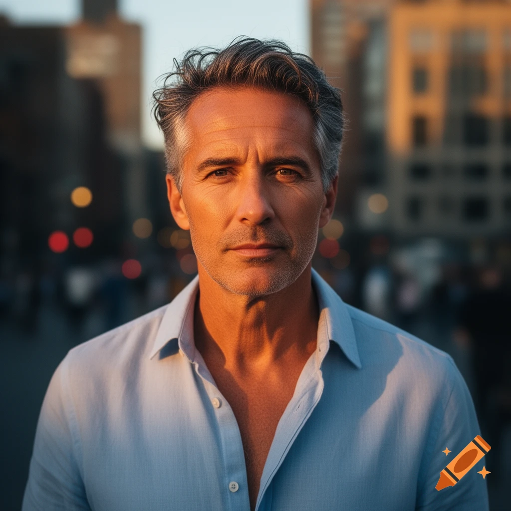 A mature man with graying hair and a light blue shirt looks directly at the viewer, illuminated by warm, golden light.