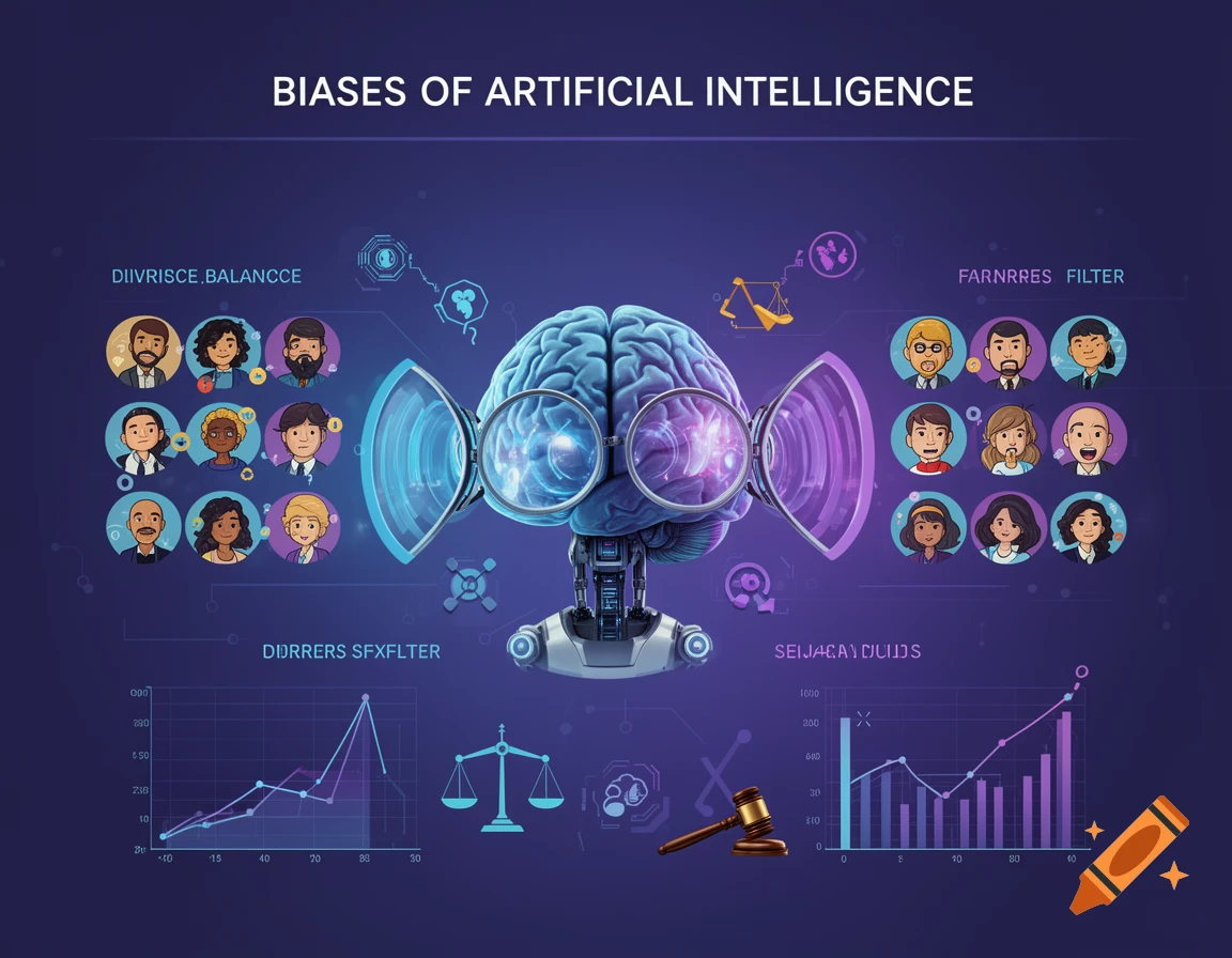 A conceptual infographic showing a robotic brain with spectacles analyzing data, representing biases in artificial intelligence. Diverse avatars are on the left, while avatars with altered appearances are on the right, separated by a filter. Graphs, scales of justice, and a gavel illustrate data and ethics. The color palette is blue and violet.