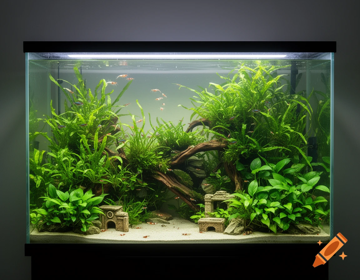 A vibrant freshwater aquarium showcasing lush green aquatic plants, dark driftwood, several small fish, and shrimp, all over a sandy substrate with two decorative stone shelters.