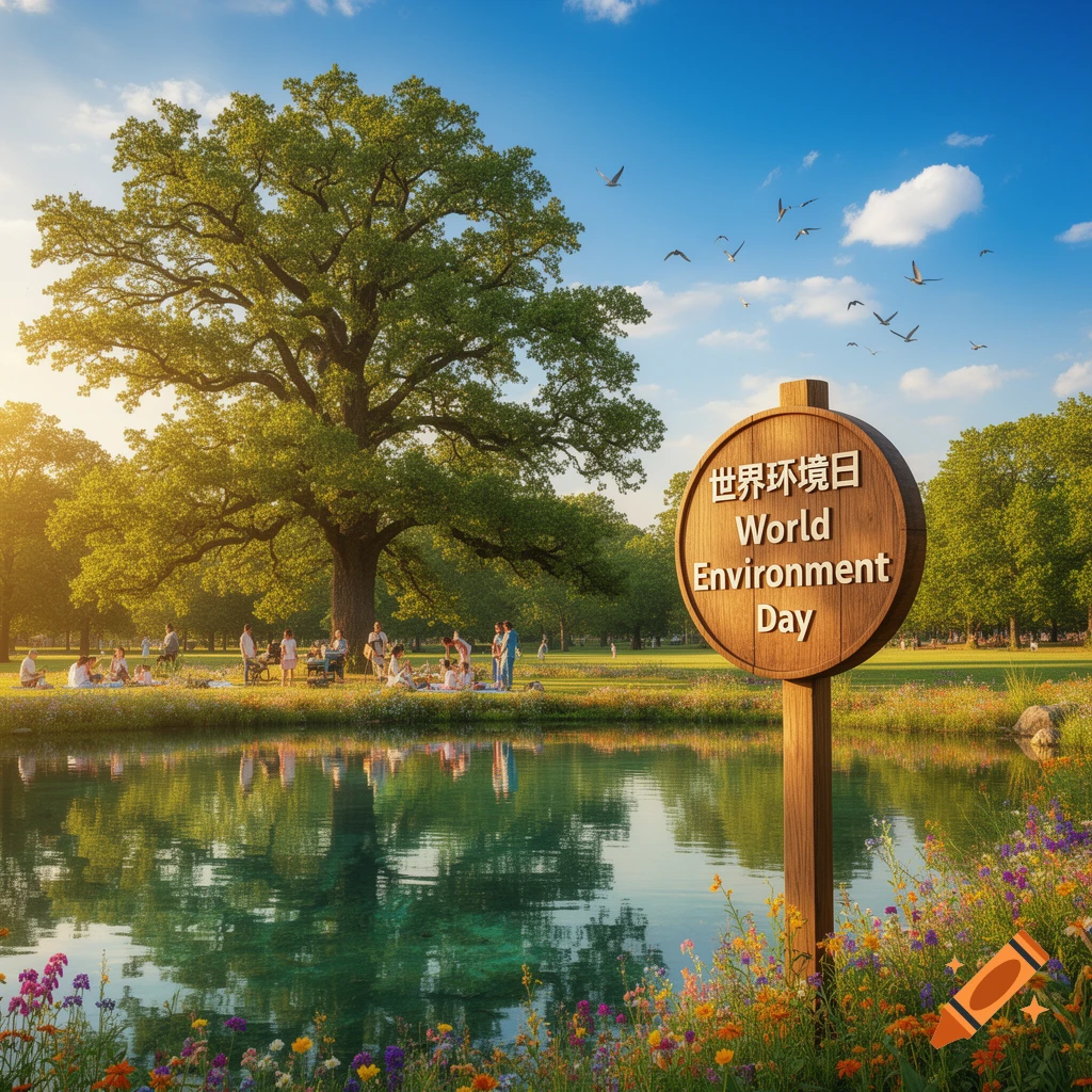 A vibrant park with a large tree, pond, and people. A wooden sign reads 'World Environment Day' in English and Chinese. Colorful wildflowers are in the foreground.