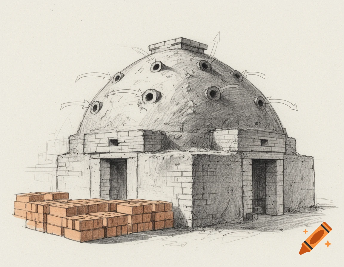 Pencil sketch of a domed brick kiln with multiple vents and piles of bricks in front, on a light background.