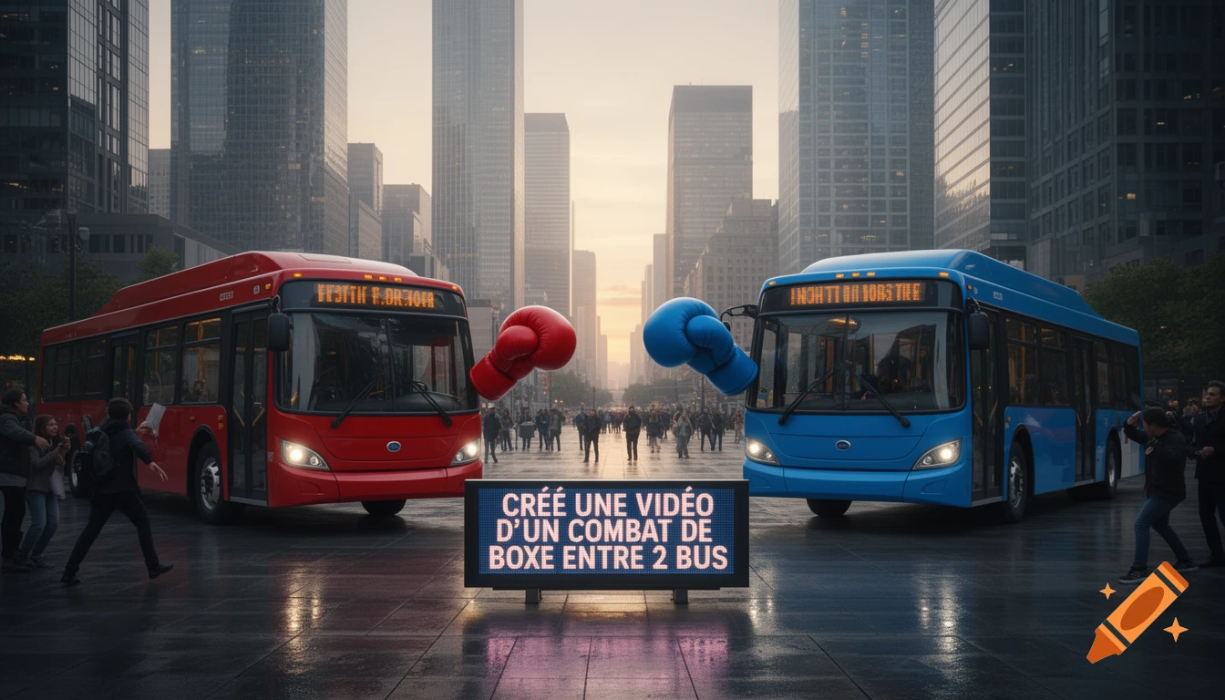 Two buses, one red and one blue, face each other in a city street, each with a large boxing glove attached to its front. A large LED screen in the foreground displays French text.
