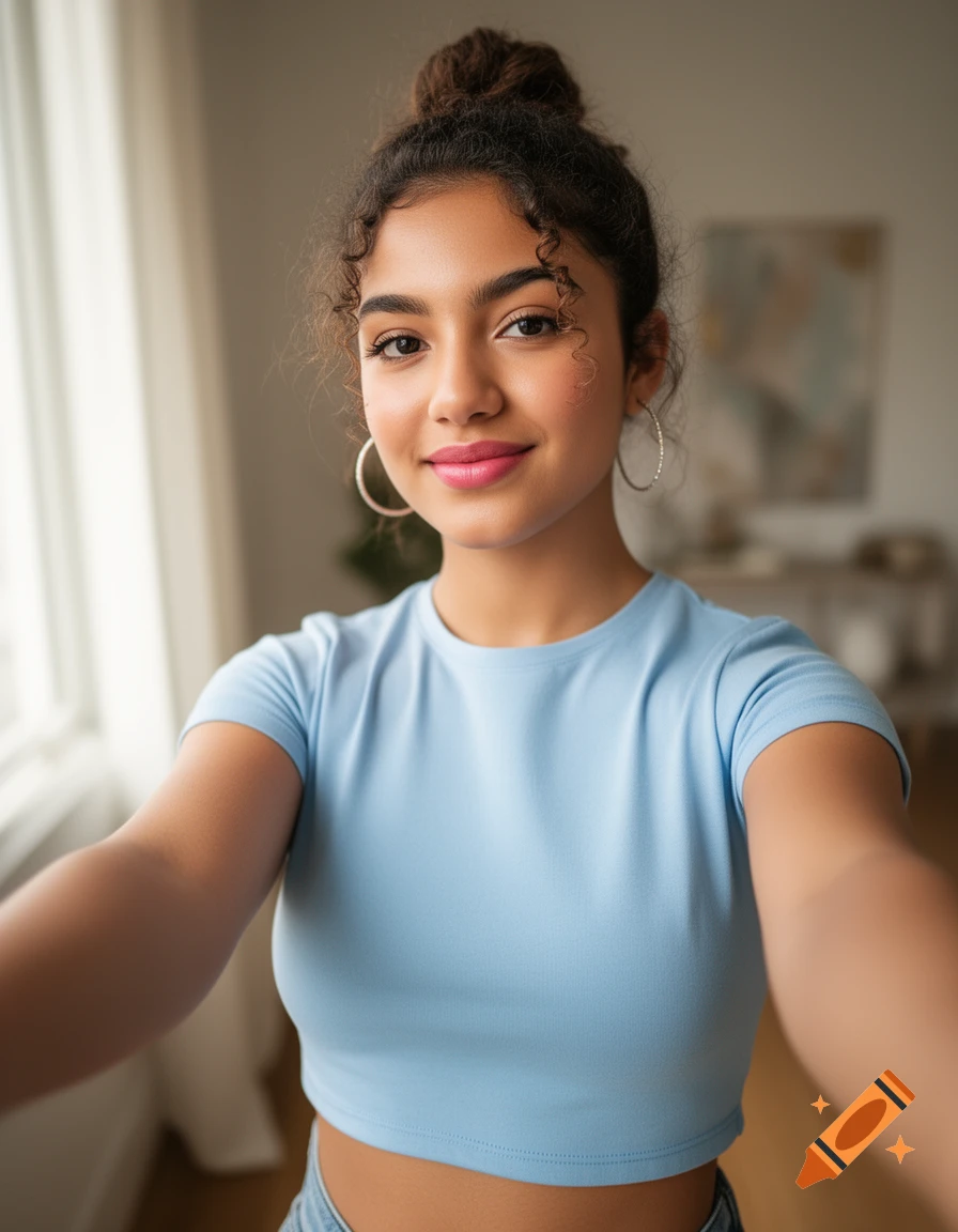 Photorealistic selfie of a smiling young Hispanic woman with curly hair in a bun, wearing a light blue crop top and hoop earrings, indoors near a window.