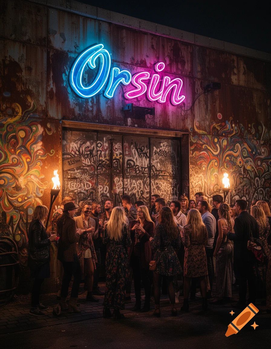 A crowd of people gather outside a grungy club with a bright 'Orsin' neon sign, torches, and graffiti, at night.