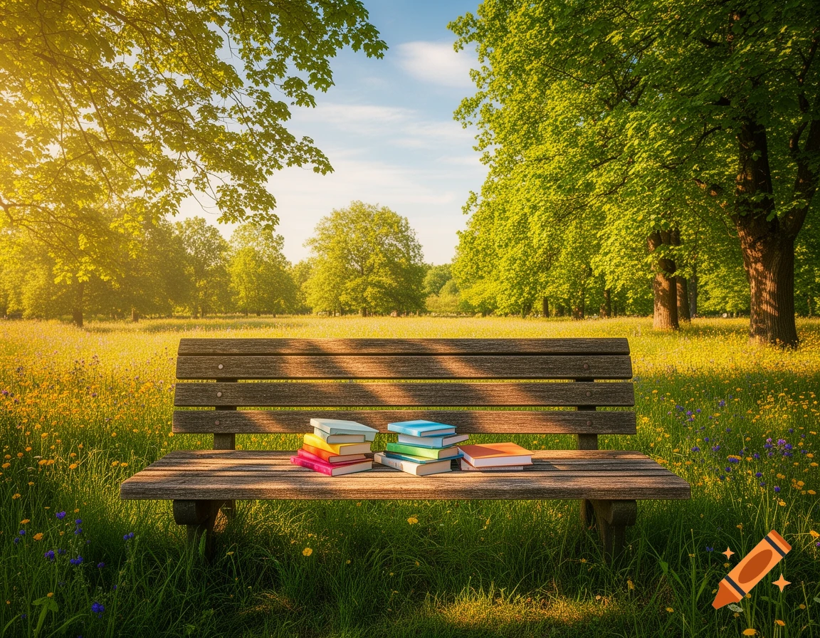 A wooden park bench sits in a sunlit meadow of yellow wildflowers and green grass, with colorful books stacked on the bench.