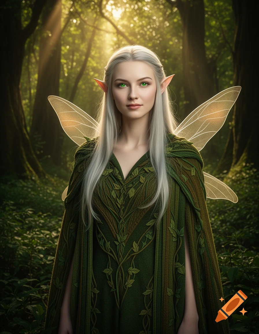 An elf woman with long white hair, green eyes, pointed ears, and shimmering wings wears a green leaf dress in a sunlit forest.