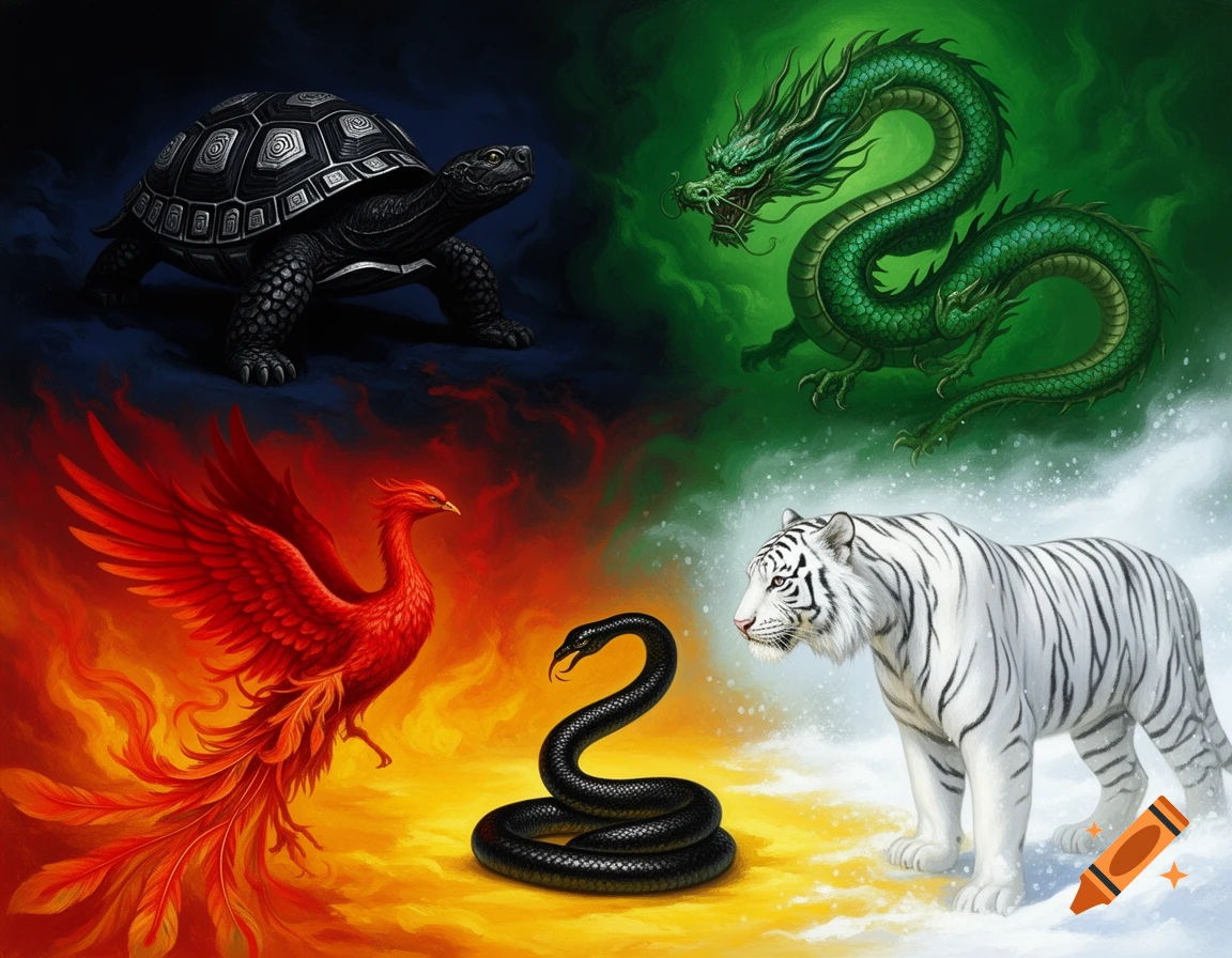 A vibrant illustration of five animals: a black tortoise, green dragon, red phoenix, white tiger, and a black snake, each set against a color-coordinated background.