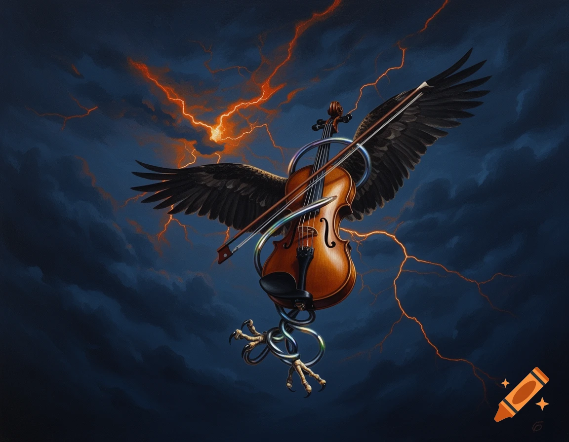 A surreal painting of a violin with black bird wings and talons, surrounded by orange lightning in a dark, stormy sky.