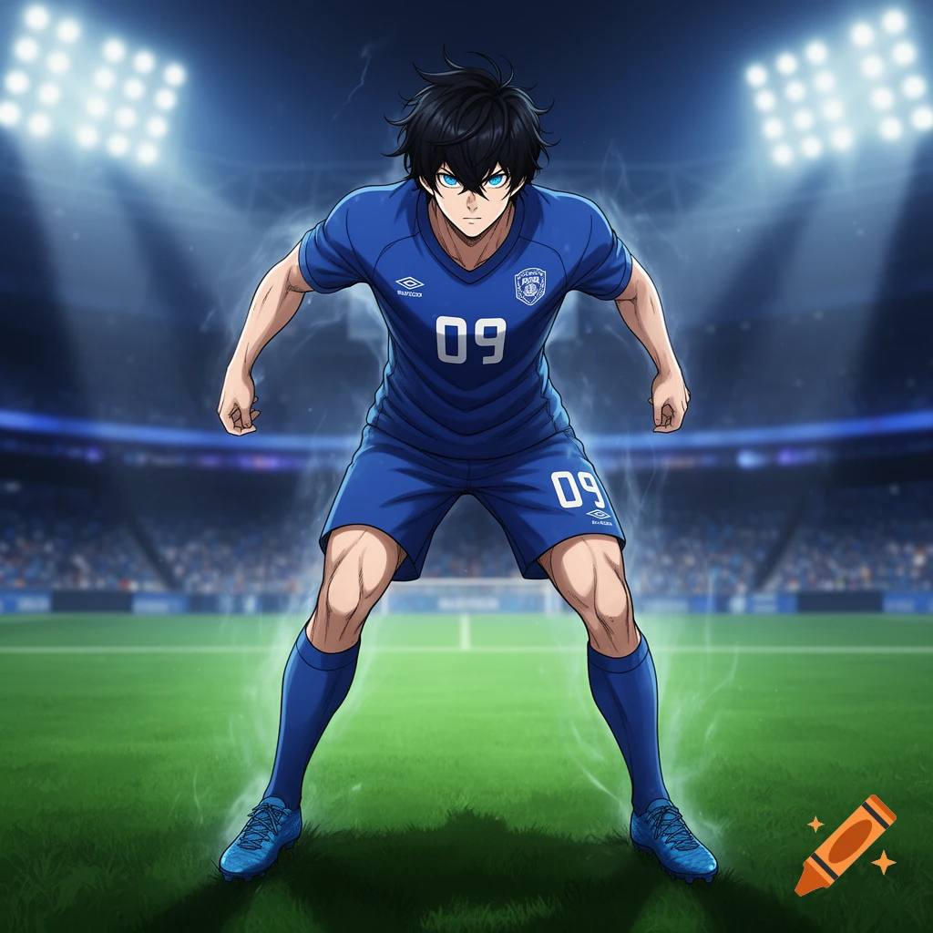 A full-body anime-style male soccer player in a blue uniform with the number 09, standing aggressively on a green field in a stadium under bright lights.