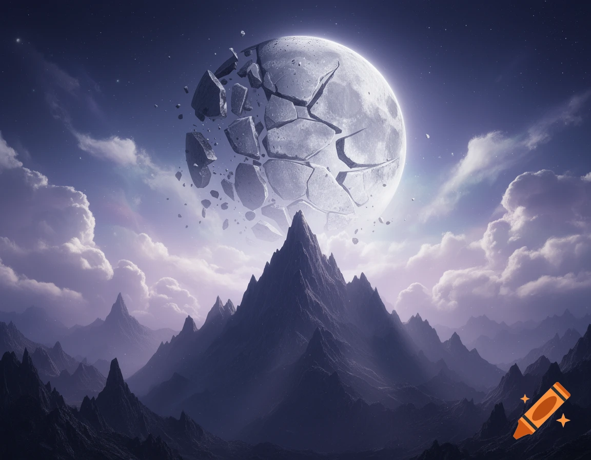 A giant shattered moon hovers above dark, jagged fantasy mountains under a cloudy, star-filled sky.