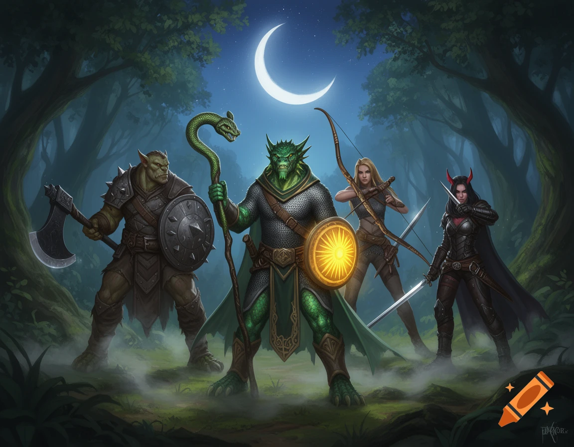 A fantasy adventuring party in a moonlit forest: an orc fighter, green dragonborn cleric, half-elf ranger, and tiefling rogue stand ready.