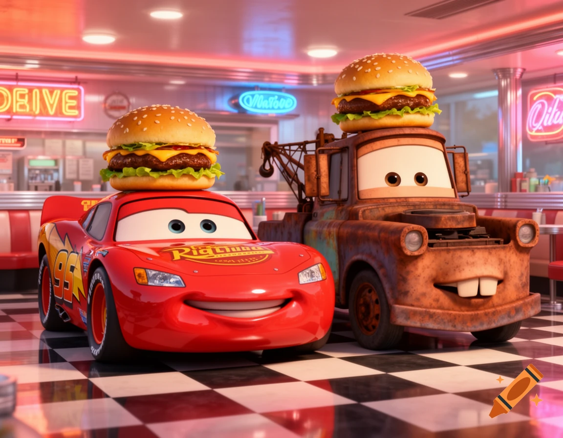 Lightning McQueen and Tow Mater, from Pixar's Cars, each balancing a cheeseburger on their roofs in a retro diner, animated style.
