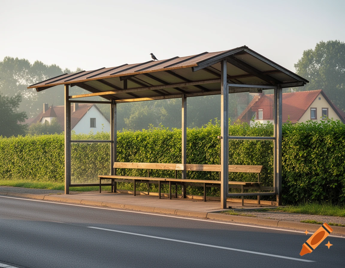 A metal-framed bus stop with wooden benches beside a road, backed by green hedges and houses under a misty sky. A bird on the roof.