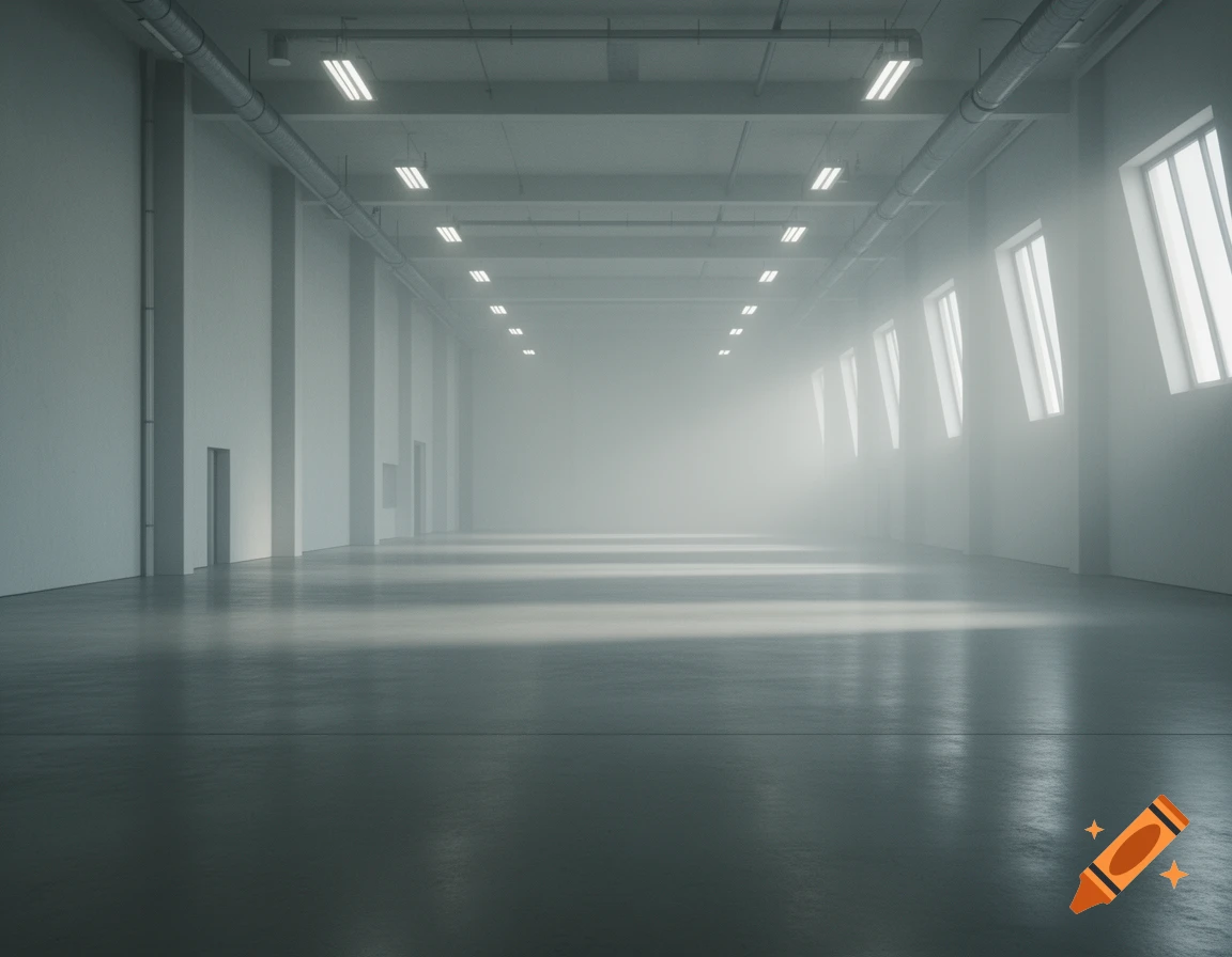 Vast, empty industrial hall with concrete floors, white walls, fluorescent lights, and hazy sunlight through windows, capturing a liminal aesthetic.