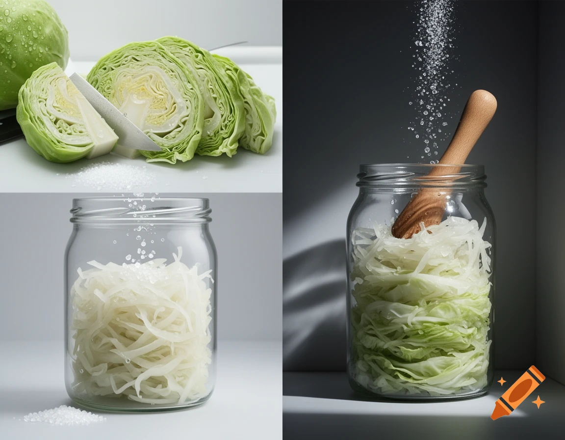 Four-panel image showing steps to prepare fermented cabbage: cut cabbage, salt sprinkled on shredded cabbage in a jar, and cabbage being pressed with a wooden tamper.