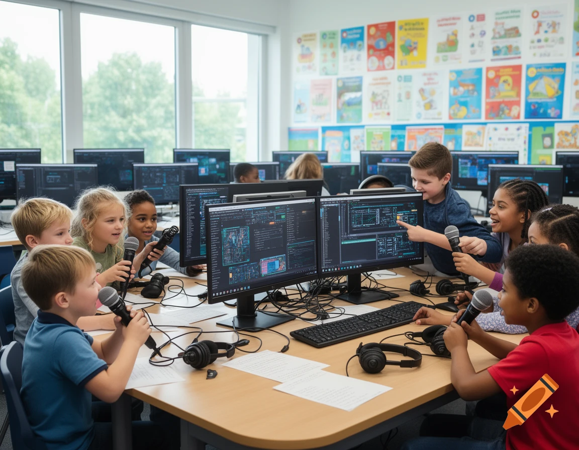Children in a classroom setting learn to use computers and microphones, with one boy pointing at code on a screen.