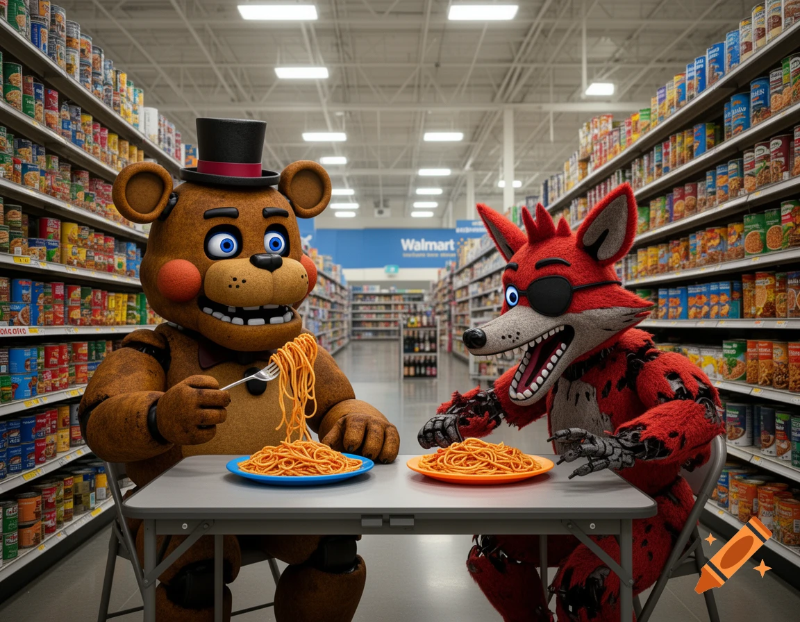 Freddy Fazbear and Foxy from Five Nights at Freddy's sitting at a table in a Walmart, eating spaghetti.